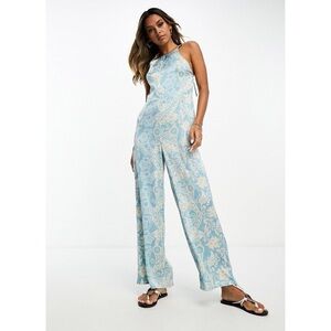 Satiny Paisley Print Halter Jumpsuit